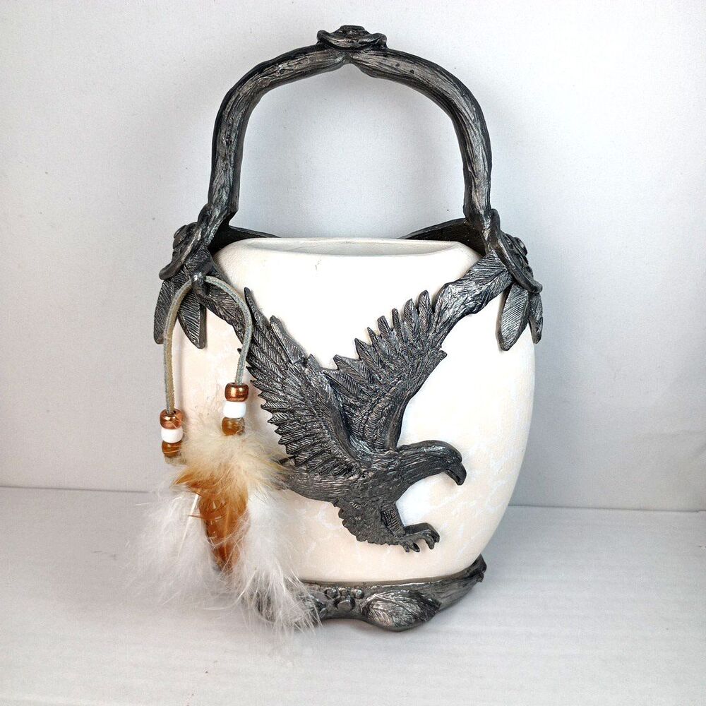 VTG Native American Style Multimedia Pewter Pottery Vase Signed Ricker 1996